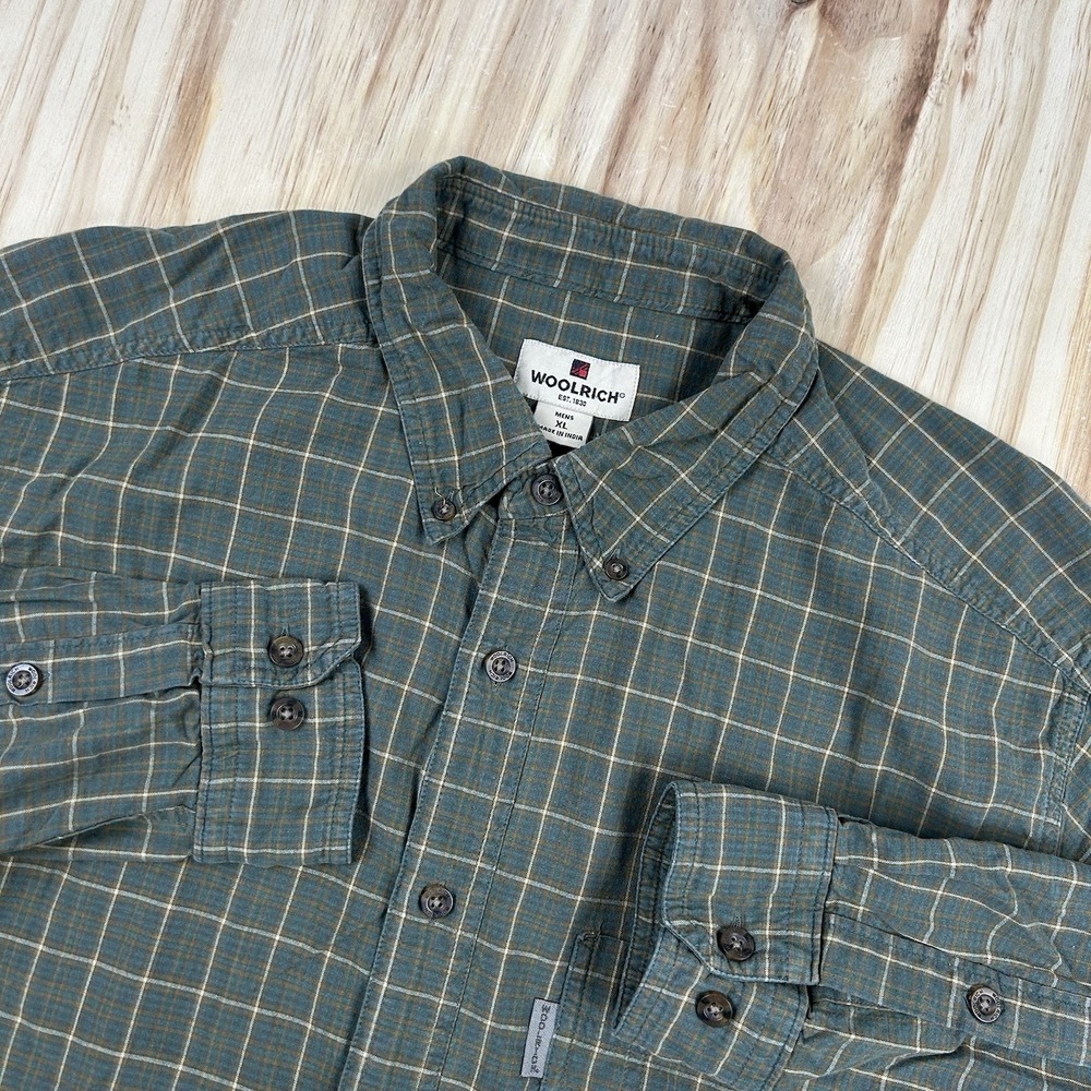 Woolrich Men's XL Green Plaid Cotton Long Sleeve Button Shirt Heritage Outdoor
